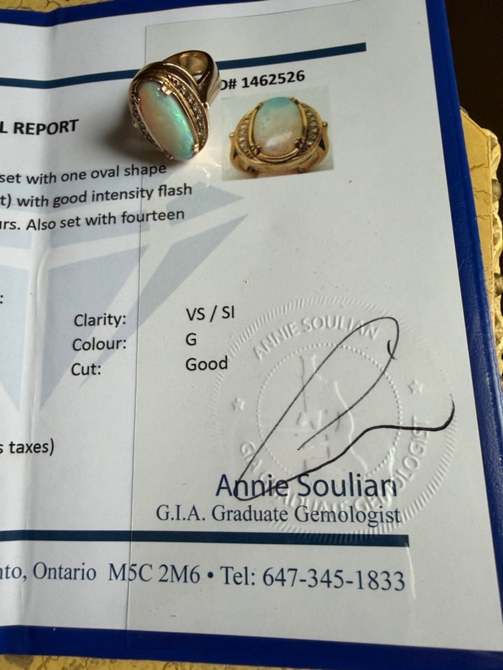 Gorgeous 14K Gold Ring with Light Blue Opal Stone. 14 natural cut diamonds. - Picture 8 of 16